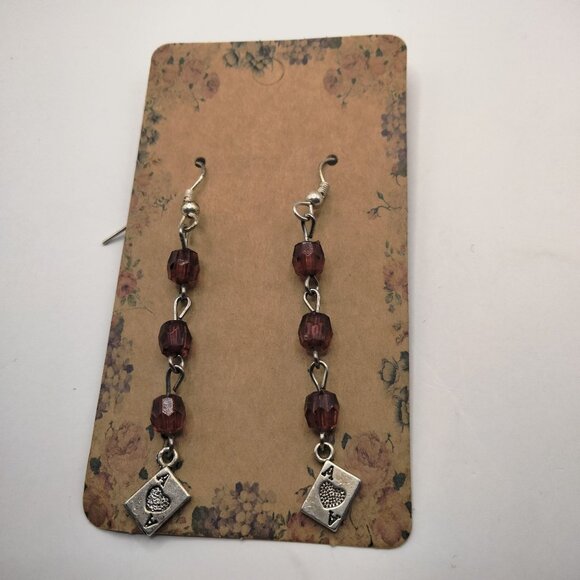 Ace Of Hearts Dangle Earrings Red Beads Silver Charm Good Luck Valentine - Picture 1 of 6